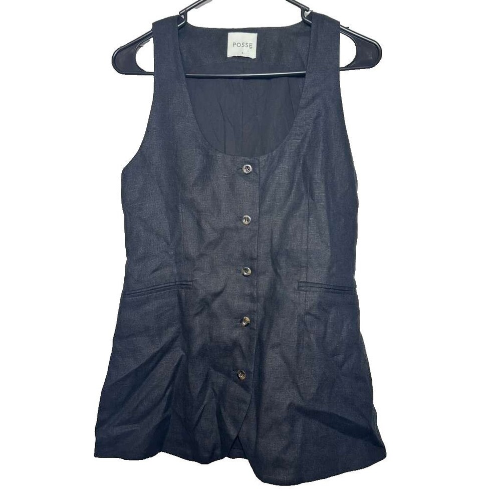 Posse Linen Vest Top Women Small Black Longline Cutaway Sleeveless